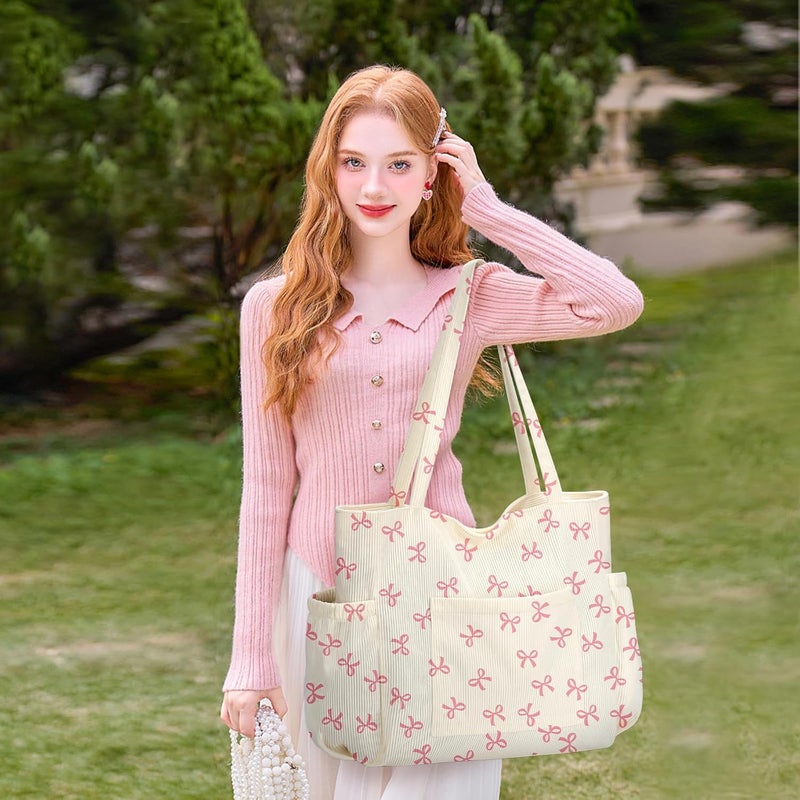 Hatisan Corduroy Tote Bag for Women,Large Capacity Cute Tote Bags With 6 Pockets,Crossbody Shoulder Handbag for Work Travel Gym - Image 3